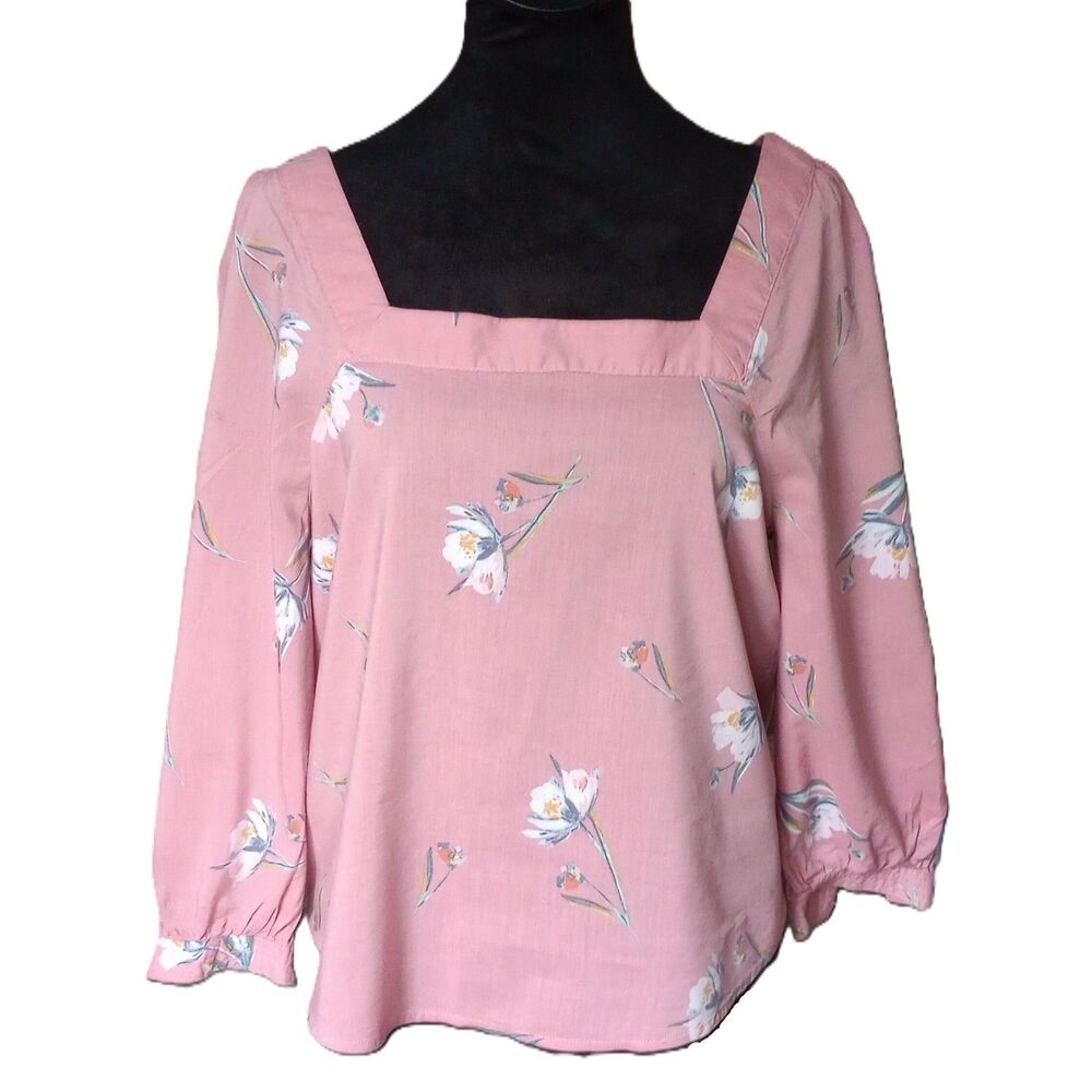 A.N.A. A New Approach Women's S Pink Floral Square Neck Blouse